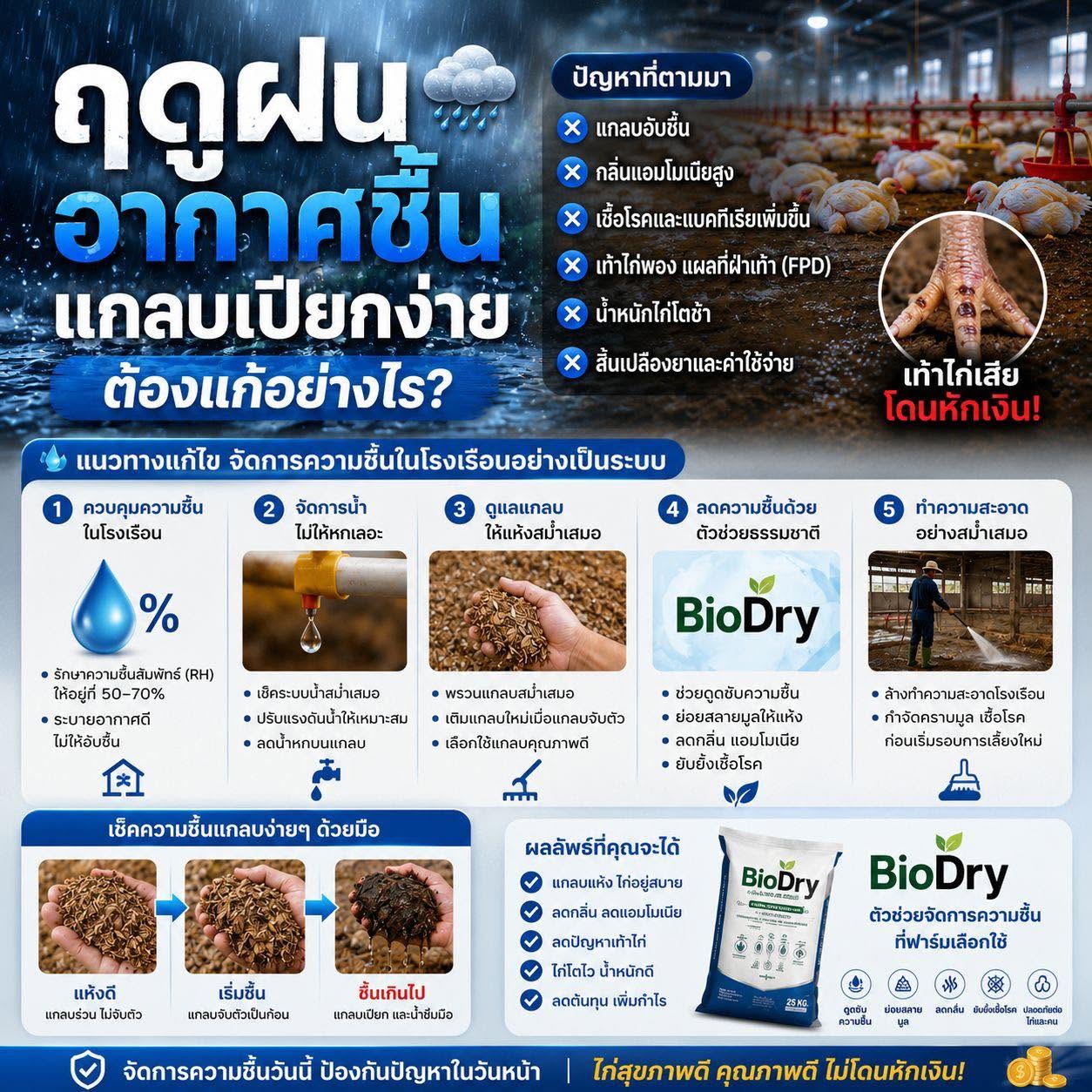ฤดูฝน อากาศชื้น แกลบเปียกง่าย แก้ไขอย่างไร? แนวทางจัดการความชื้นในโรงเรือนอย่างเป็นระบบ