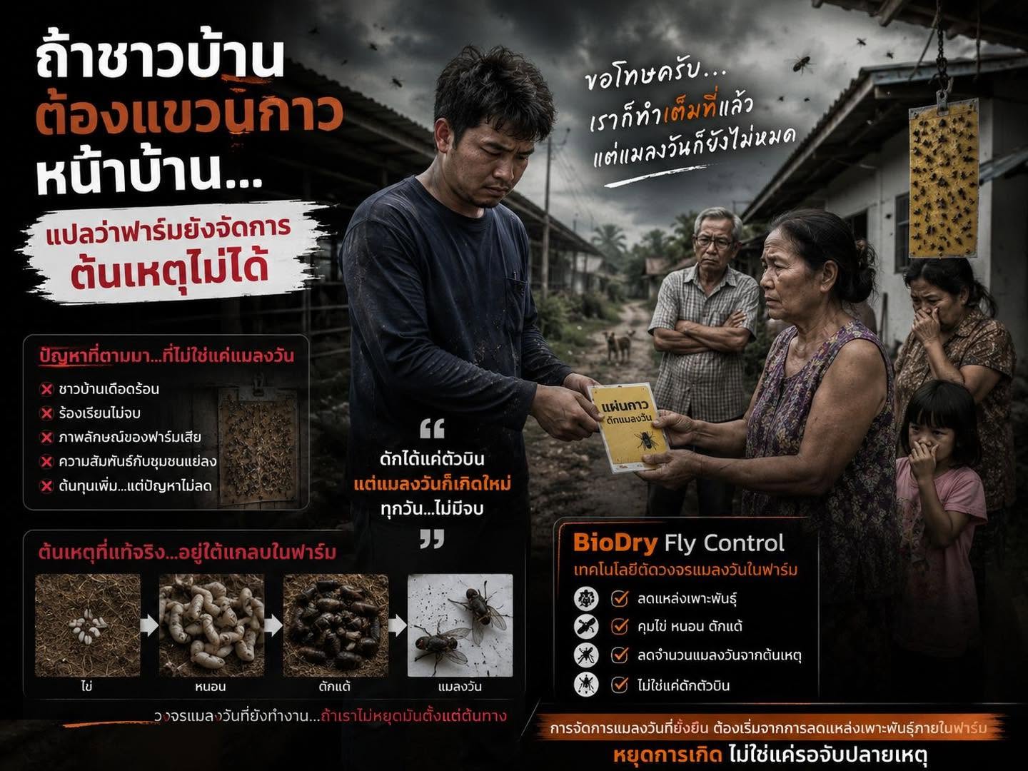 ถ้าชาวบ้านต้องแขวนกาวหน้าบ้าน… แปลว่าฟาร์มยังจัดการต้นเหตุของแมลงวันไม่ได้
