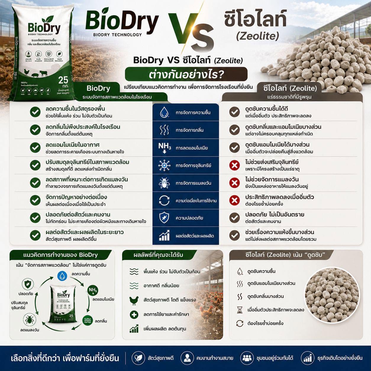 BioDry vs ซีโอไลท์ (Zeolite) แตกต่างกันอย่างไร? เลือกแบบไหนจึงเหมาะกับการจัดการโรงเรือนอย่างยั่งยืน