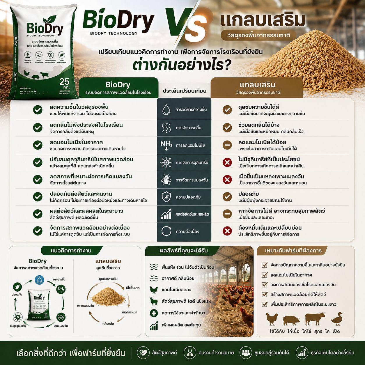BioDry VS แกลบเสริม ต่างกันอย่างไร? เลือกแบบไหนจึงเหมาะกับการจัดการโรงเรือนอย่างยั่งยืน